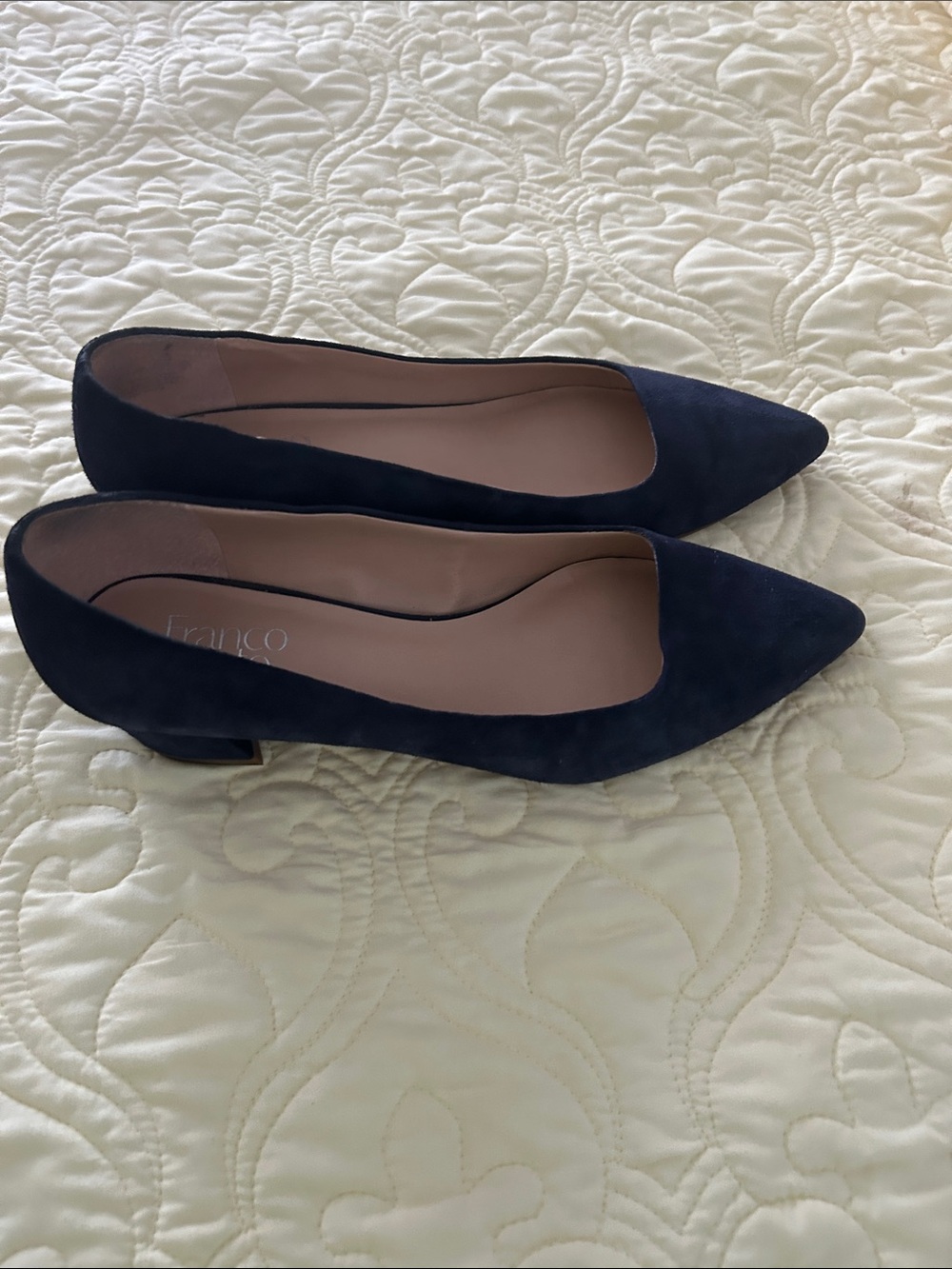 Franco Sarto Navy Suede Pointed-Toe Low Block Heel Flats